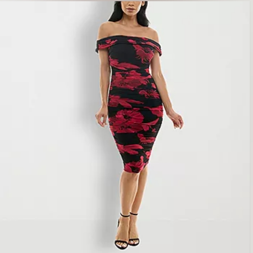 Premier Amour Womens Floral Mesh Short Sleeve Floral Midi Sheath Dress